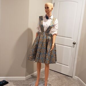 African Print Geometric Patterned Skirt - Blue and Gold